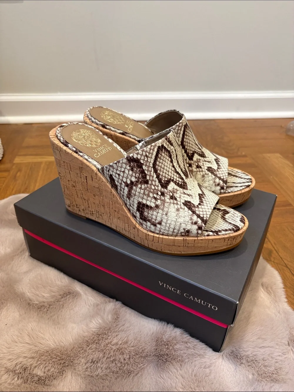 Vince Camuto Snake-Print Cork Wedge Sandals - Beige/Brown